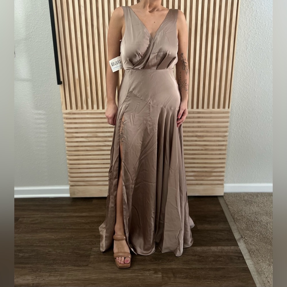 Fame and Partners | Gold Satin and Silk Dress with thigh slit